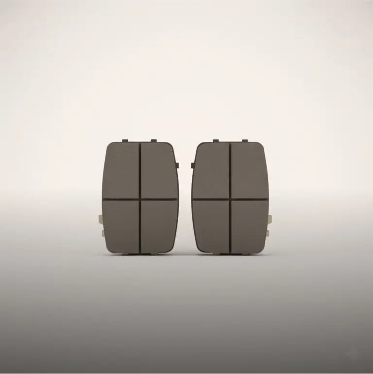 Duas pastilhas de freio para carro. As peças são marrons com ranhuras em formato de cruz. O fundo é cinza claro.