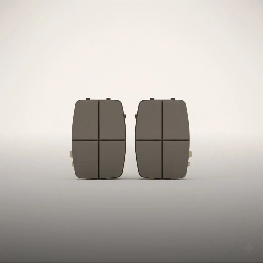 Duas pastilhas de freio para carro. As peças são marrons com ranhuras em formato de cruz. O fundo é cinza claro.