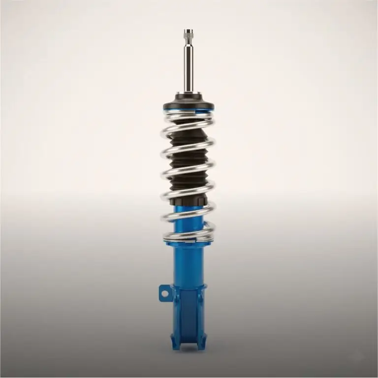 Amortecedor de carro de cor azul com mola de suspensão prateada e coifa protetora preta. A peça está em um fundo cinza claro.