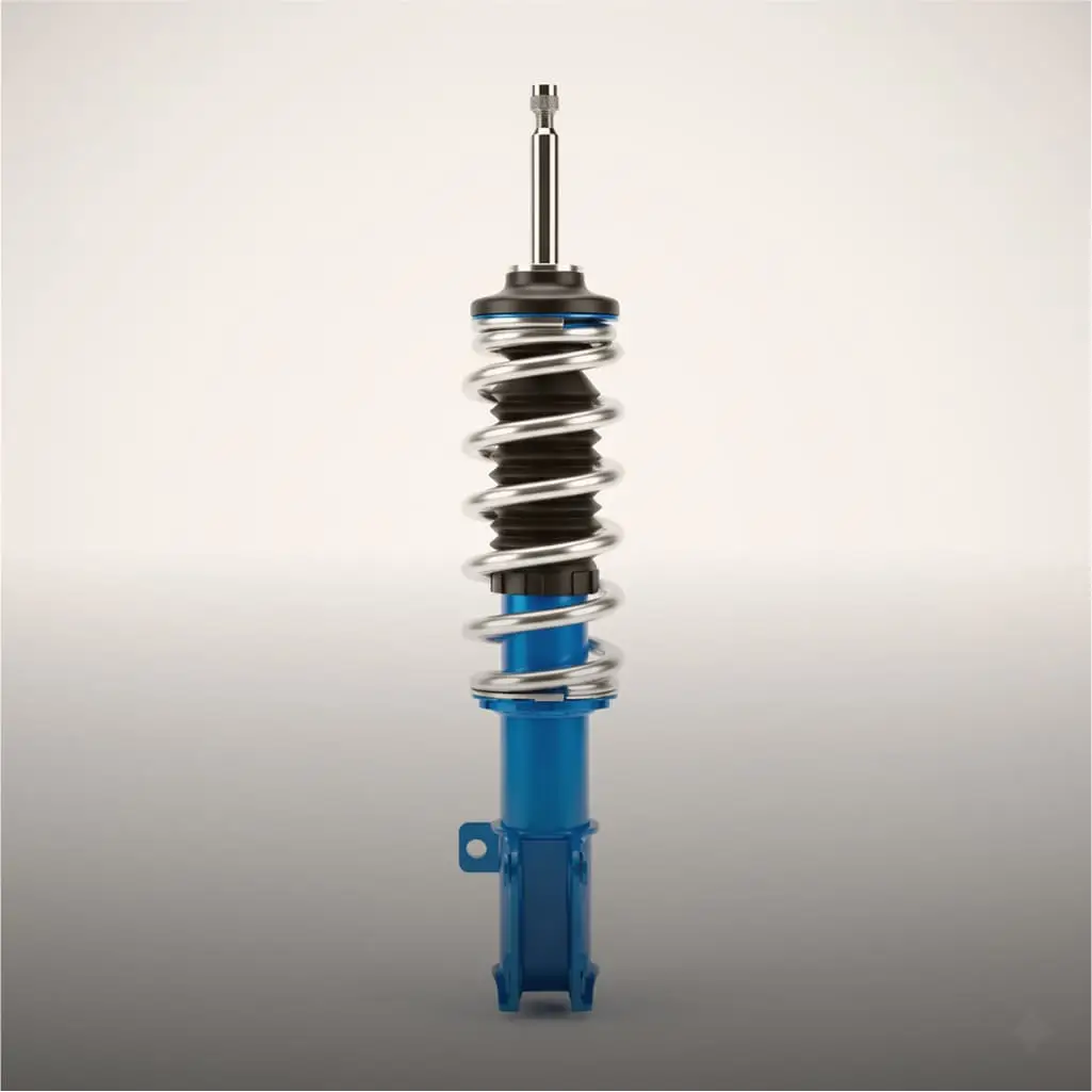 Amortecedor de carro de cor azul com mola de suspensão prateada e coifa protetora preta. A peça está em um fundo cinza claro.