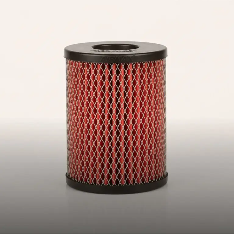 iltro de ar automotivo cônico da marca Airmax com tela metálica e interior vermelho. O filtro tem formato cilíndrico e base preta.