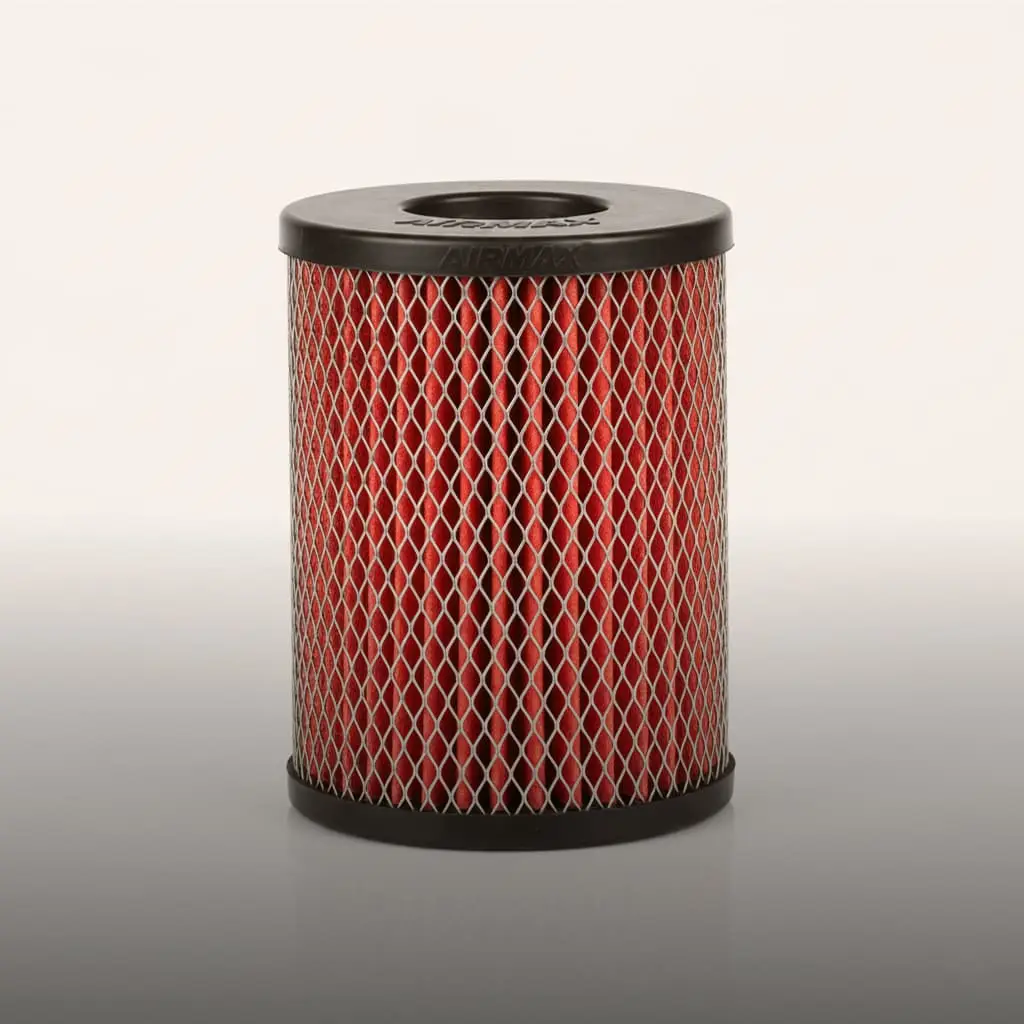 iltro de ar automotivo cônico da marca Airmax com tela metálica e interior vermelho. O filtro tem formato cilíndrico e base preta.